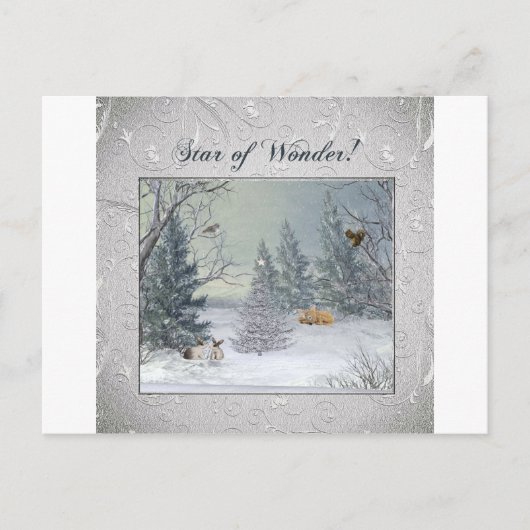 Dieren in het winterbos, boom met ster, ster briefkaart (Voorkant)