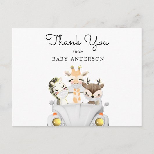 Dieren in maskers rijden op Baby shower Briefkaart (Voorkant)
