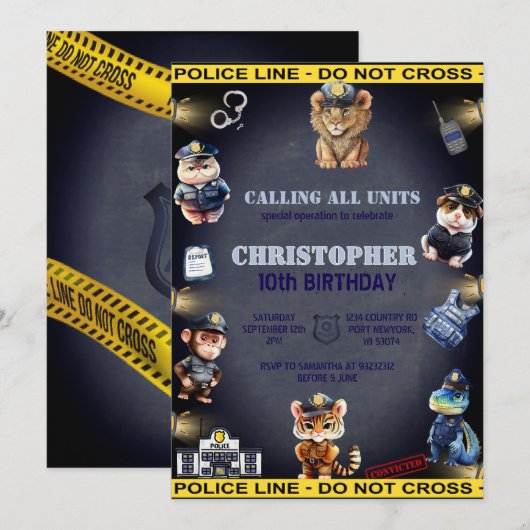 Dieren in politie-uniform jarig kaart (Voorkant / Achterkant)