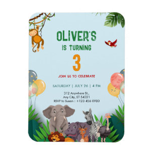 Dieren Jungle Land 3e verjaardagsfeest uitnodiging Magneet