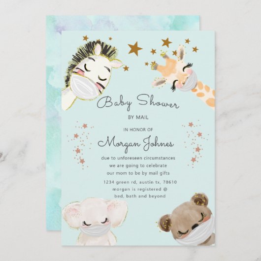 dieren krijgen een Baby shower met een masker per  (Voorkant / Achterkant)