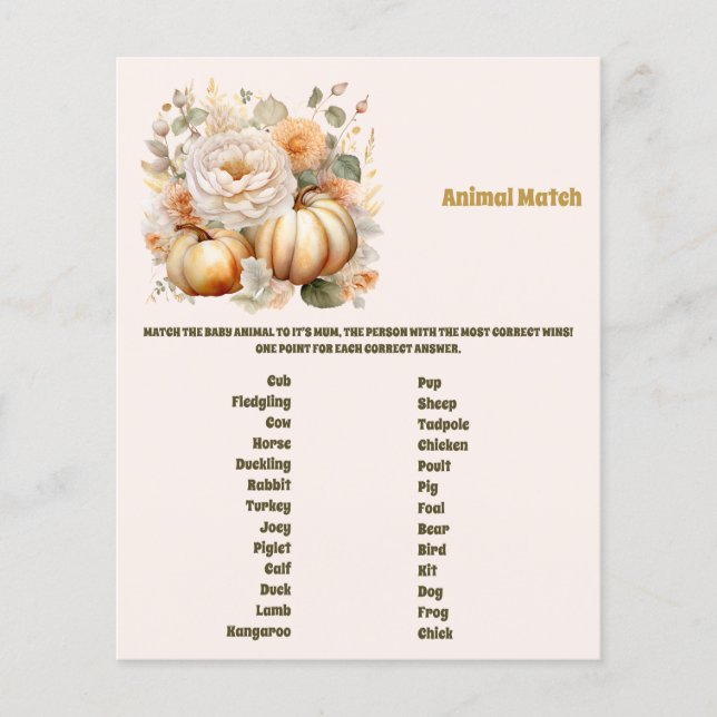 Dieren Match Baby Shower Spel (Voorkant)