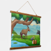 Dieren met een bergstroom op een zomerdag hangend wandkleed (Gebogen)