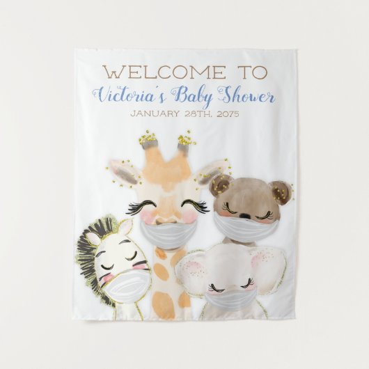 Dieren Met Masker Jongen Baby Shower Achtergrond Wandkleed (Voorkant)