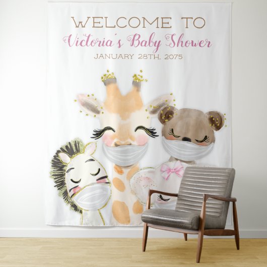 Dieren Met Masker Meisje Baby shower XL Achtergron Wandkleed (In situ)