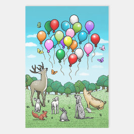 Dieren met verjaardagsballonnen inpakpapier vel