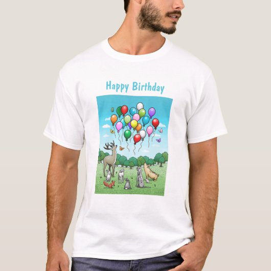 Dieren met verjaardagsballonnen t-shirt (Voorkant)
