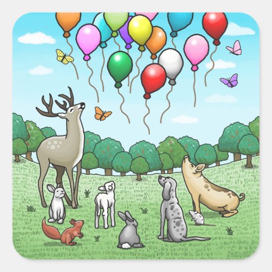 Dieren met verjaardagsballonnen vierkante sticker (Voorkant)