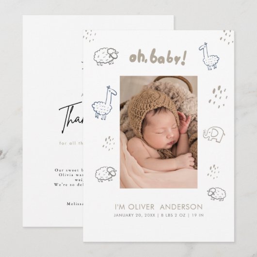Dieren Modern Baby Birth Announcement Briefkaart (Voorkant / Achterkant)