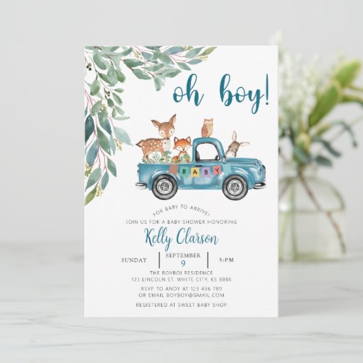 Dieren Oerwoud ?Car Oh Boy Baby shower Kaart (Staand voorkant)