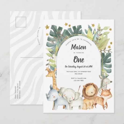 Dieren, Oerwoud Eerste verjaardag Uitnodiging voor (Voorkant / Achterkant)