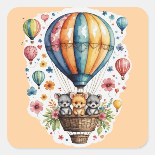 Dieren Op Een Ballon Vierkante Sticker (Voorkant)
