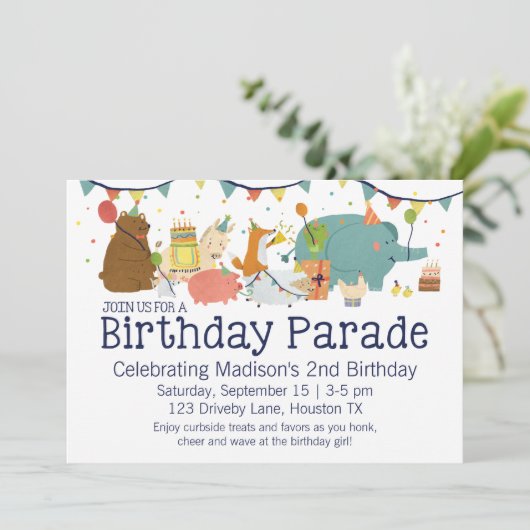 Dieren op een parade met uitnodiging tot geboorte (Staand voorkant)