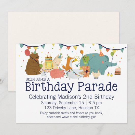 Dieren op een parade met uitnodiging tot geboorte (Voorkant / Achterkant)