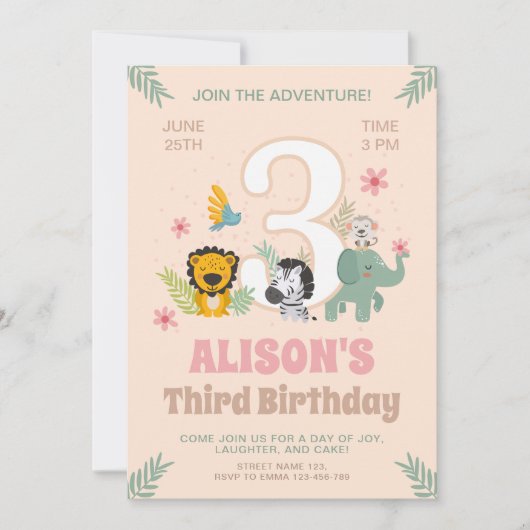 Dieren op safari Pastel Derde Verjaardag Kaart (Voorkant)