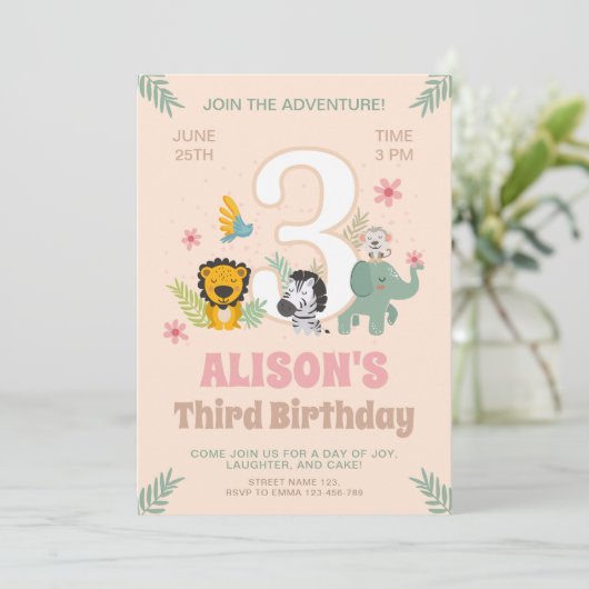 Dieren op safari Pastel Derde Verjaardag Kaart (Staand voorkant)
