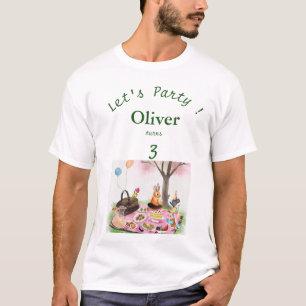 Dieren op verjaardagsfeestje voor kinderen en oude t-shirt