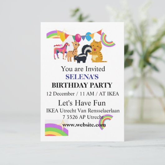 Dieren & Regenbogen Verjaardagsfeest Uitnodiging (Staand voorkant)