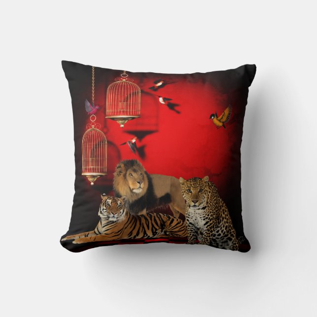 Dieren Tijger Luipaard Leeuw Vogels Rood Print Kussen (Voorkant)