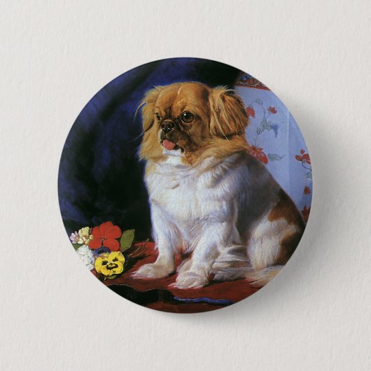 Dieren uit het verleden, speelgoed Pekingese puppy Ronde Button 5,7 Cm (Voorkant)