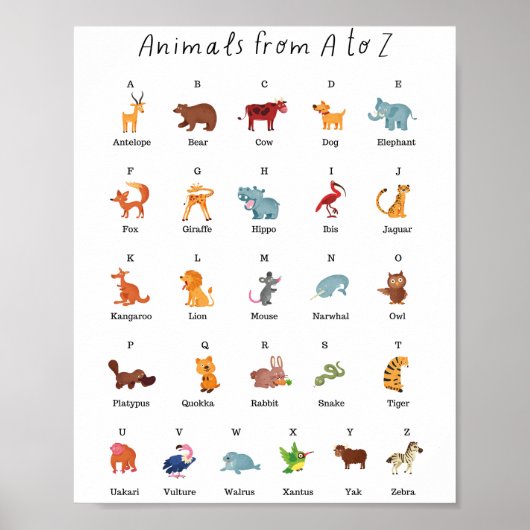 Dieren van A tot Z School Onderwijs Leren Poster (Voorkant)