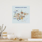 Dieren van Aziatische geïllustreerde kaart Poster (Keuken)