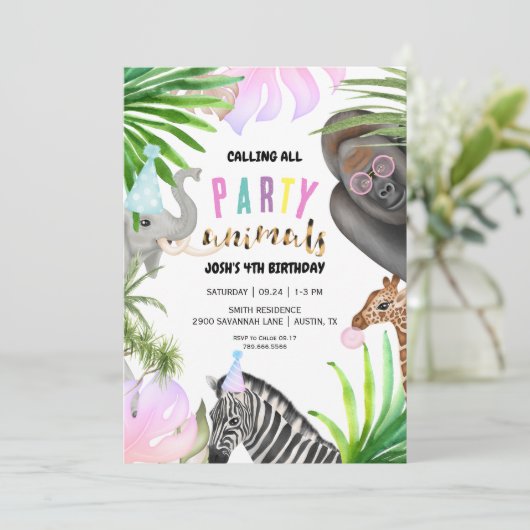 Dieren van de partij oerwoud 4e verjaardag kaart (Staand voorkant)