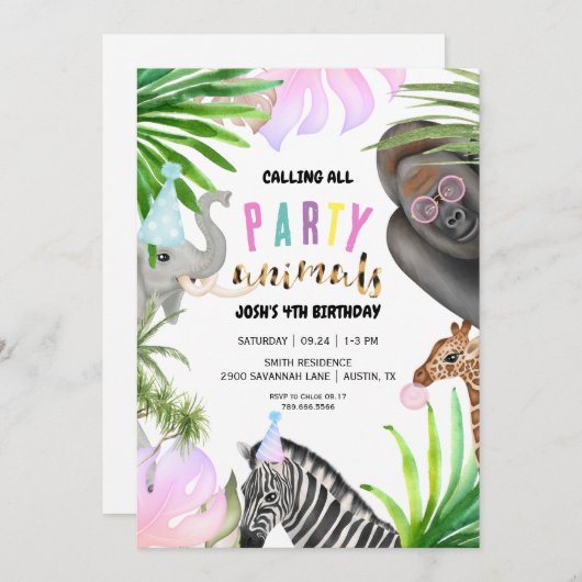 Dieren van de partij oerwoud 4e verjaardag kaart (Voorkant / Achterkant)