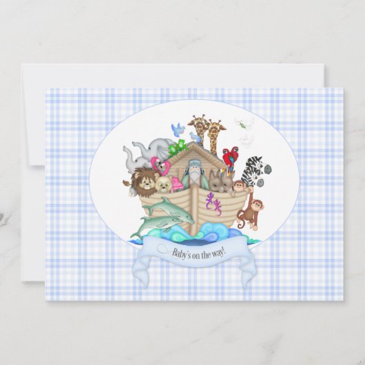 Dieren van Noah's Ark Blauw Gingham Kaart (Voorkant)