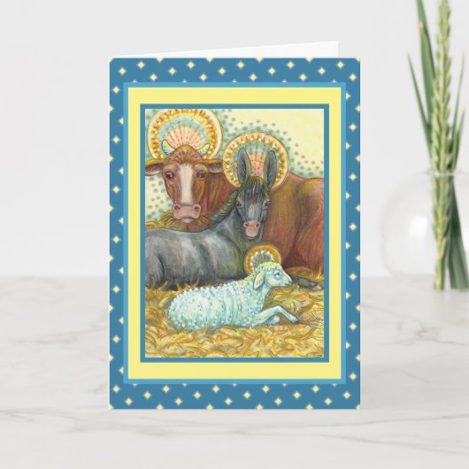 DIEREN VAN STABIEL, OX, DONKEY EN SCHAPEN FEESTDAGEN KAART (Voorkant)