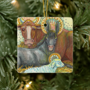 DIEREN VAN STABIEL, OX, DONKEY EN SCHAPEN KERAMISCH ORNAMENT