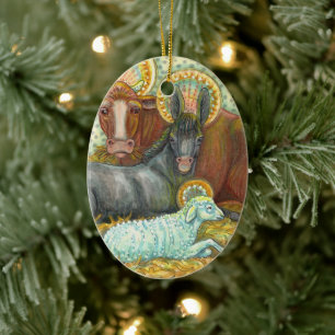 DIEREN VAN STABIEL, OX, DONKEY EN SCHAPEN KERAMISCH ORNAMENT