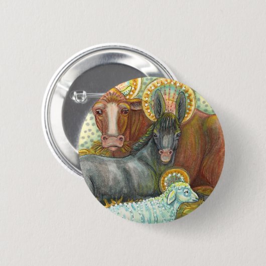 DIEREN VAN STABIEL, OX, DONKEY EN SCHAPEN RONDE BUTTON 5,7 CM (Voorkant /achterkant)