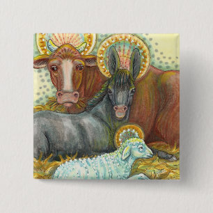 DIEREN VAN STABIEL, OX, DONKEY EN SCHAPEN VIERKANTE BUTTON 5,1 CM