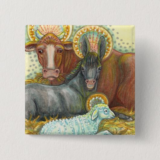 DIEREN VAN STABIEL, OX, DONKEY EN SCHAPEN VIERKANTE BUTTON 5,1 CM (Voorkant)