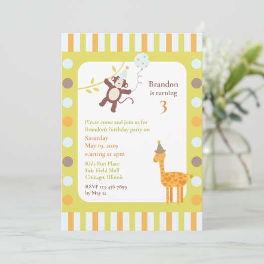 Dieren Verjaardagsfeest Platte Uitnodiging (Staand voorkant)