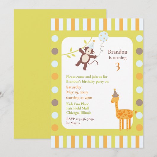 Dieren Verjaardagsfeest Platte Uitnodiging (Voorkant / Achterkant)