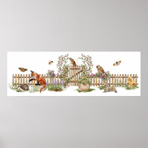 Dieren Vogels Bijen Piket Fence Floral Garden Poster