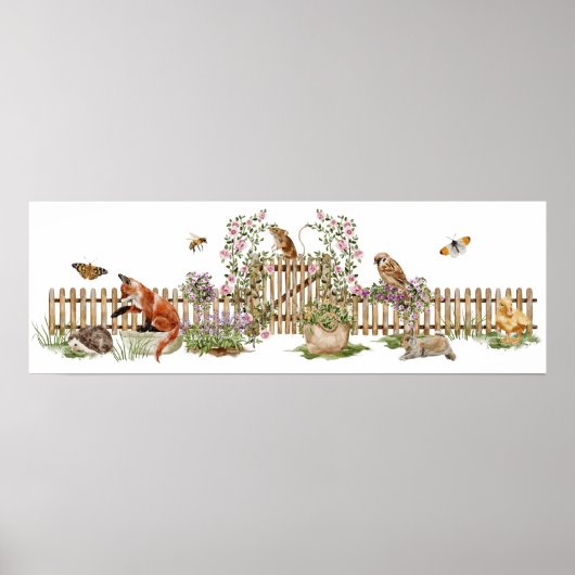 Dieren Vogels Bijen Piket Fence Floral Garden Poster (Voorkant)