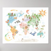 Dieren Wereldkaart Kinder Print, Dieren van de Wer Poster (Voorkant)