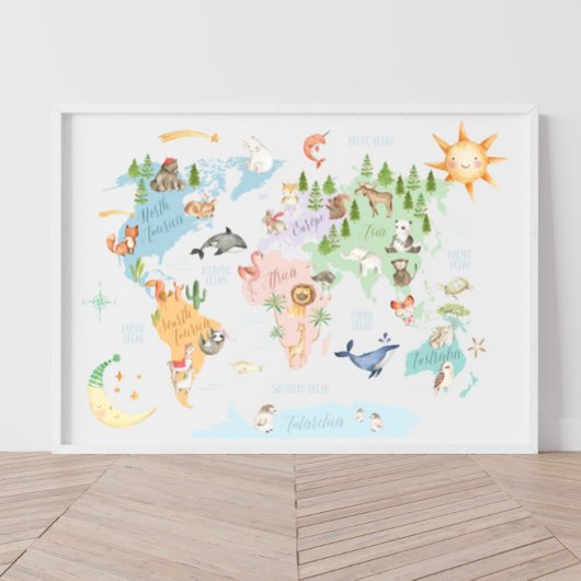 Dieren Wereldkaart Kinder Print, Dieren van de Wer Poster