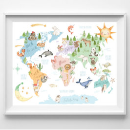 Dieren Wereldkaart Kinder Print, Dieren van de Wer Poster