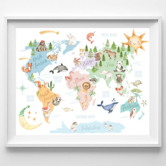 Dieren Wereldkaart Kinder Print, Dieren van de Wer Poster