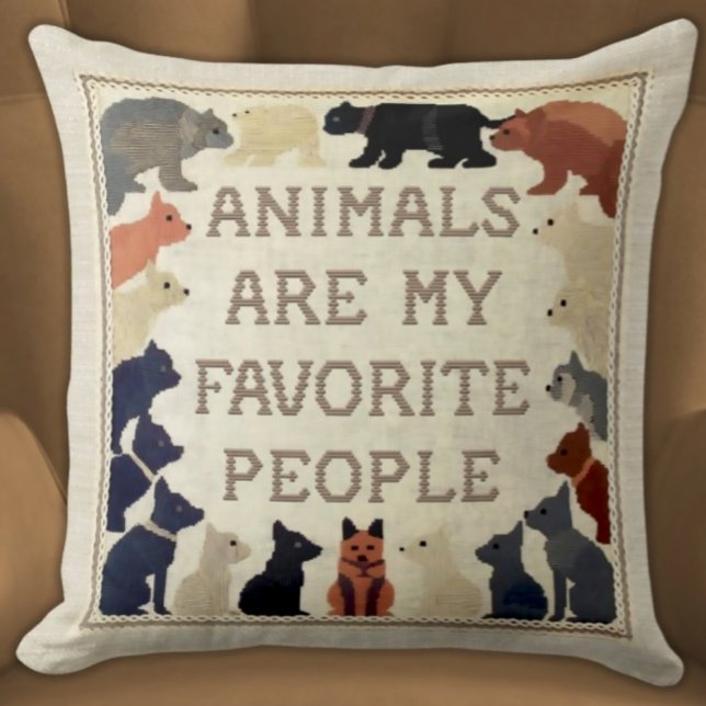 Dieren zijn mijn favoriete mensen - Funny Faux Sti Kussen (Animals Are My Favorite People Funny Faux Needlepoint Stitched Pillow Neutral Colors Brick Red Navy )
