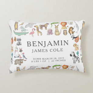 Dierenalfabet   Nursery Birth Stats Pillow Accent Kussen