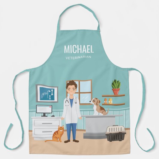 Dierenarts Blauwe Dierenarts Kliniek met Puppy en  Schort (Voorkant)