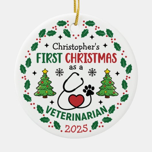 Dierenarts Eerste Kerstmis Gepersonaliseerde Ronde Keramisch Ornament (Voorkant)