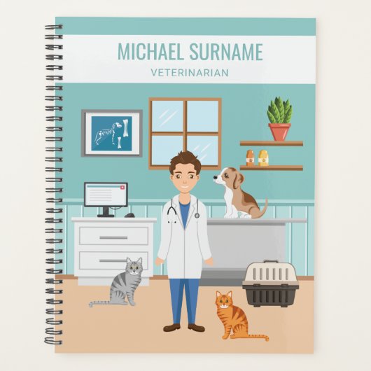 Dierenarts in dierenartskliniek met hond en katten planner (Voorkant)