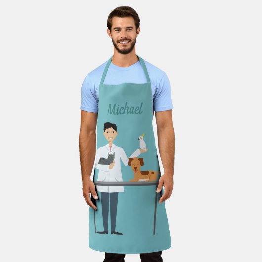 Dierenarts Man Met Dieren & Aangepaste Naam Schort (Gedragen)