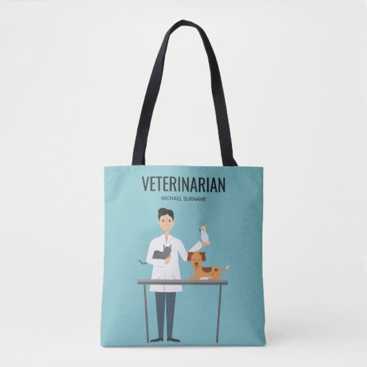 Dierenarts man met dieren en aangepaste tekst tote bag (Voorkant)